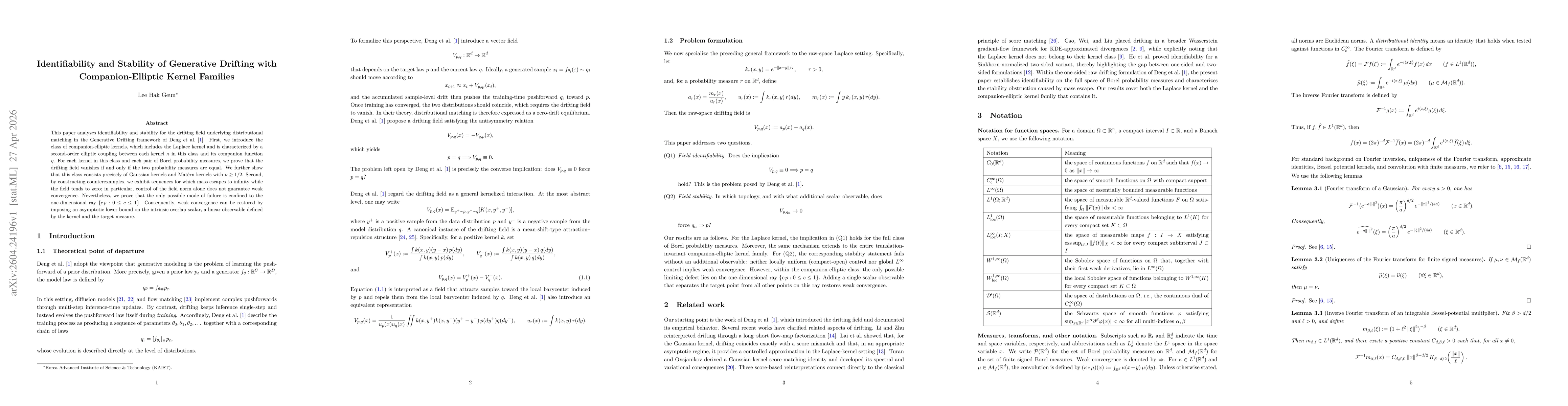 Thumbnail for Identifiability and Stability of Generative Drifting with Companion-Elliptic Kernel Families