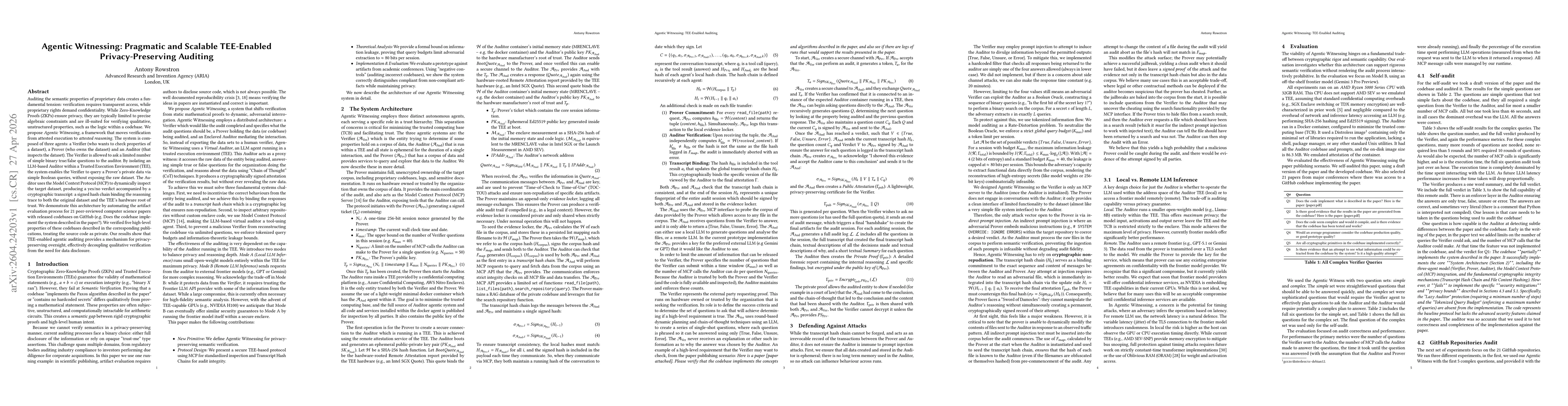 Thumbnail for Agentic Witnessing: Pragmatic and Scalable TEE-Enabled Privacy-Preserving Auditing