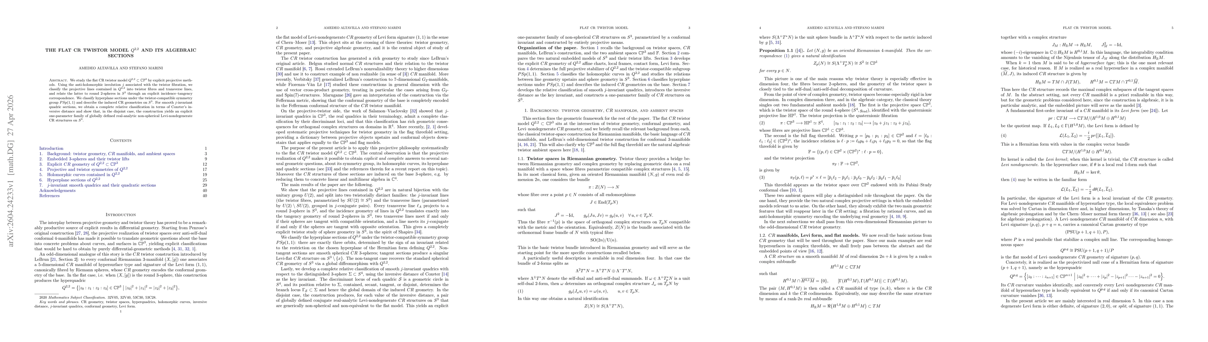 Thumbnail for The Flat CR Twistor Model $Q^{2,2}$ and Its Algebraic Sections