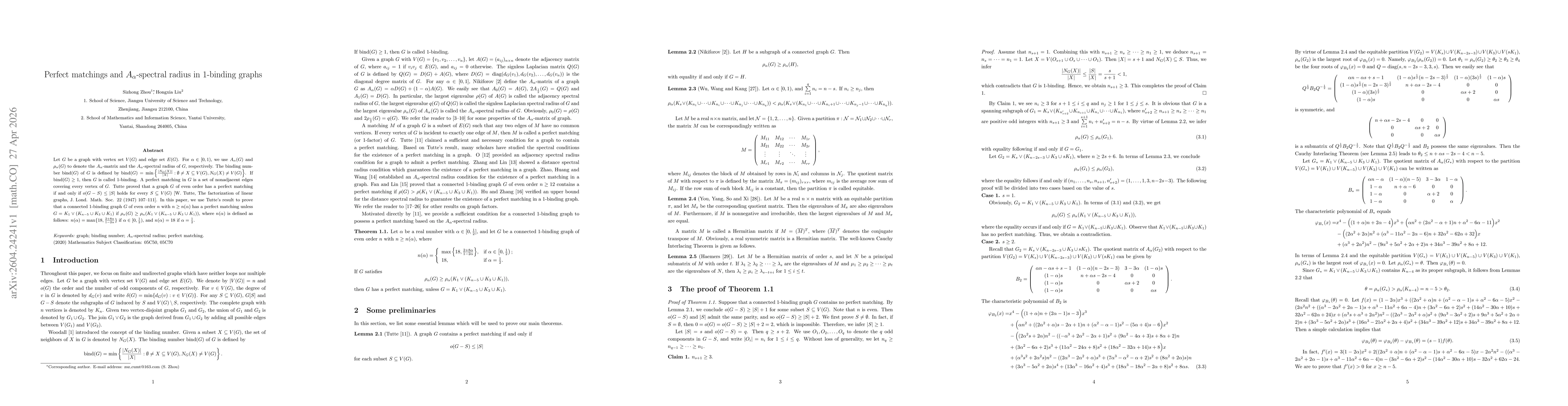 Thumbnail for Perfect matchings and $A_α$-spectral radius in 1-binding graphs