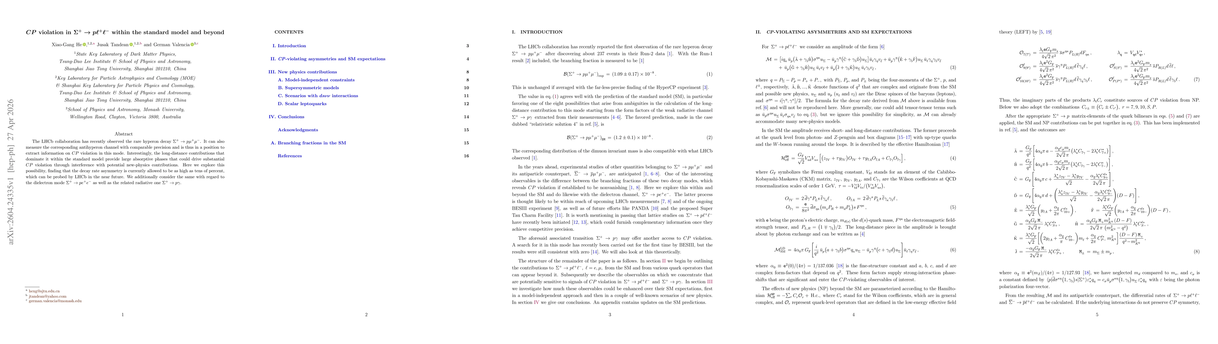 Thumbnail for CP violation in $Σ^+\to p\ell^+\ell^-$ within the standard model and beyond
