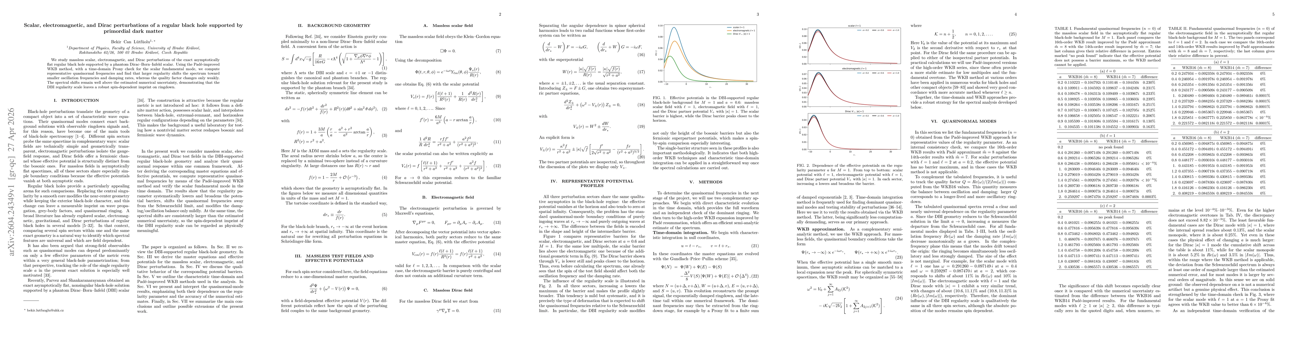Thumbnail for Scalar, electromagnetic, and Dirac perturbations of a regular black hole supported by primordial dark matter