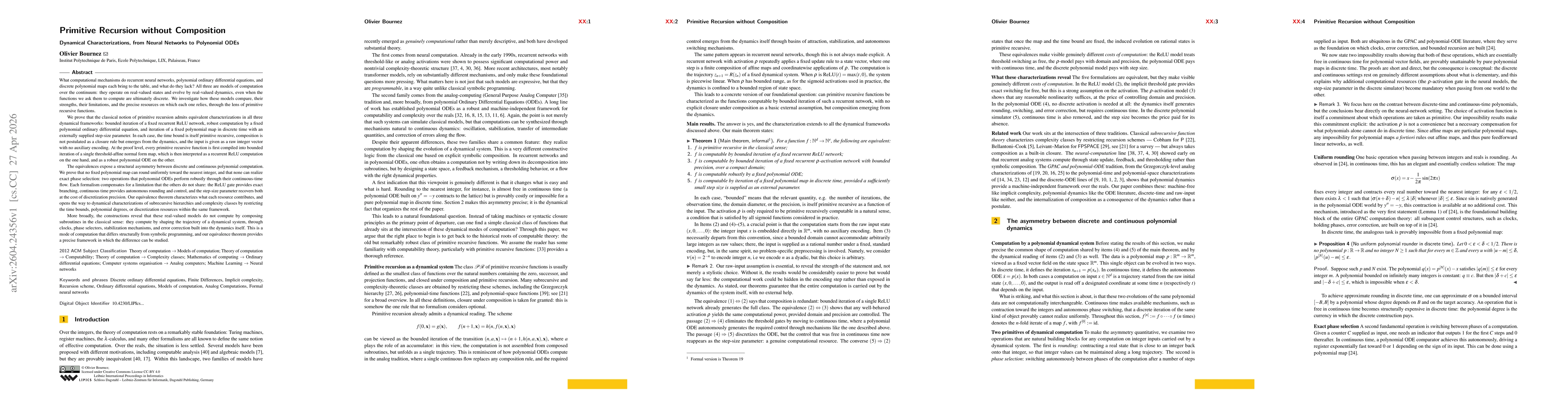 Thumbnail for Primitive Recursion without Composition: Dynamical Characterizations, from Neural Networks to Polynomial ODEs