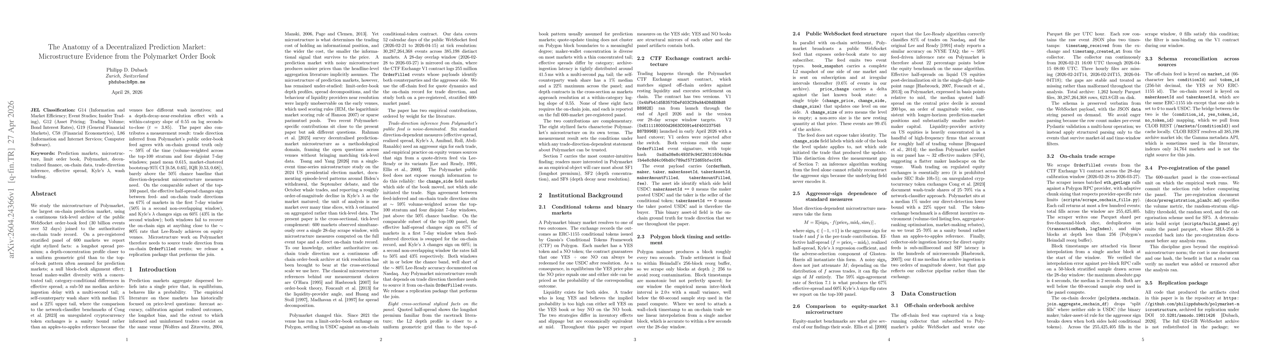 Thumbnail for The Anatomy of a Decentralized Prediction Market: Microstructure Evidence from the Polymarket Order Book