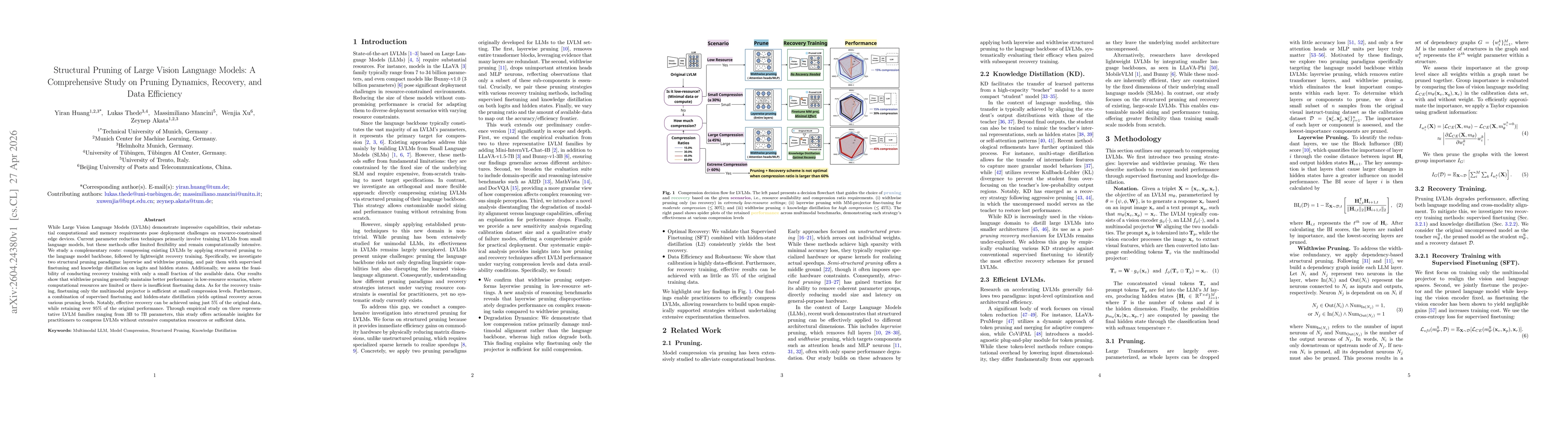 Thumbnail for Structural Pruning of Large Vision Language Models: A Comprehensive Study on Pruning Dynamics, Recovery, and Data Efficiency
