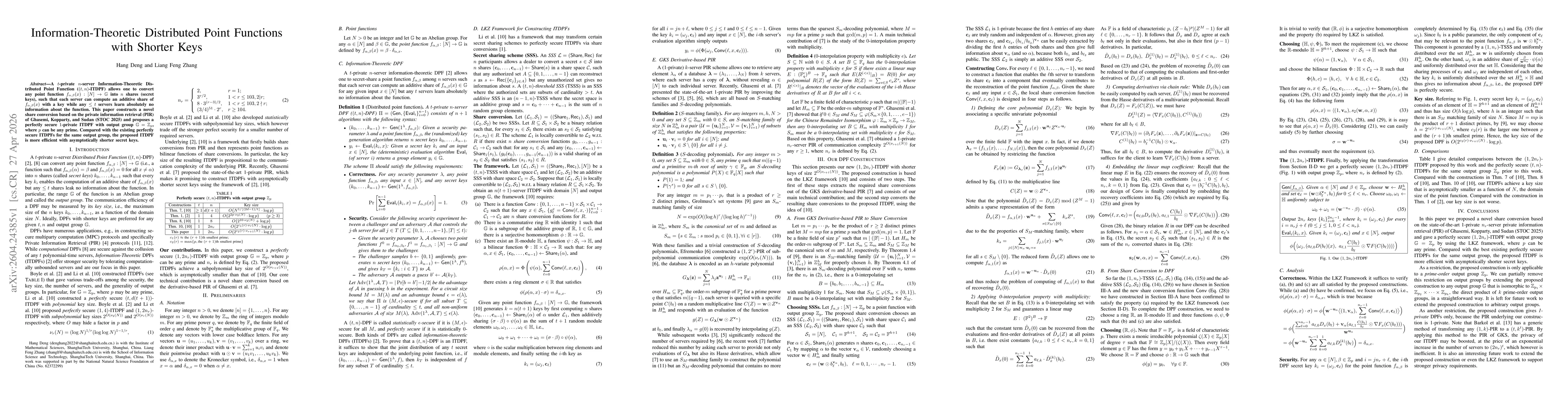 Thumbnail for Information-Theoretic Distributed Point Functions with Shorter Keys