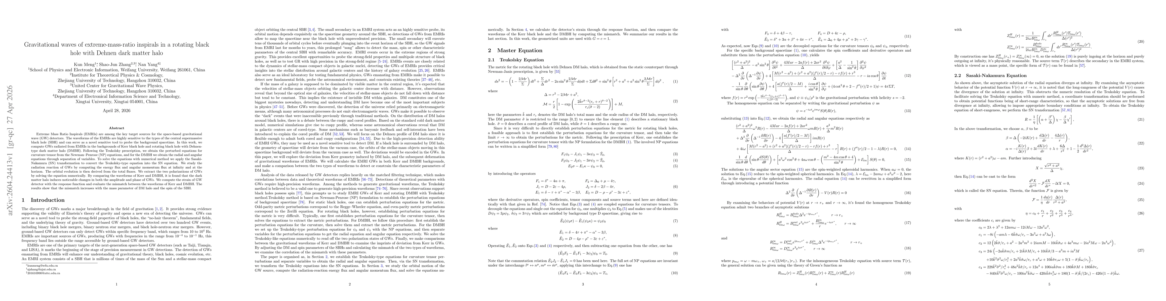 Thumbnail for Gravitational waves of extreme-mass-ratio inspirals in a rotating black hole with Dehnen dark matter halo