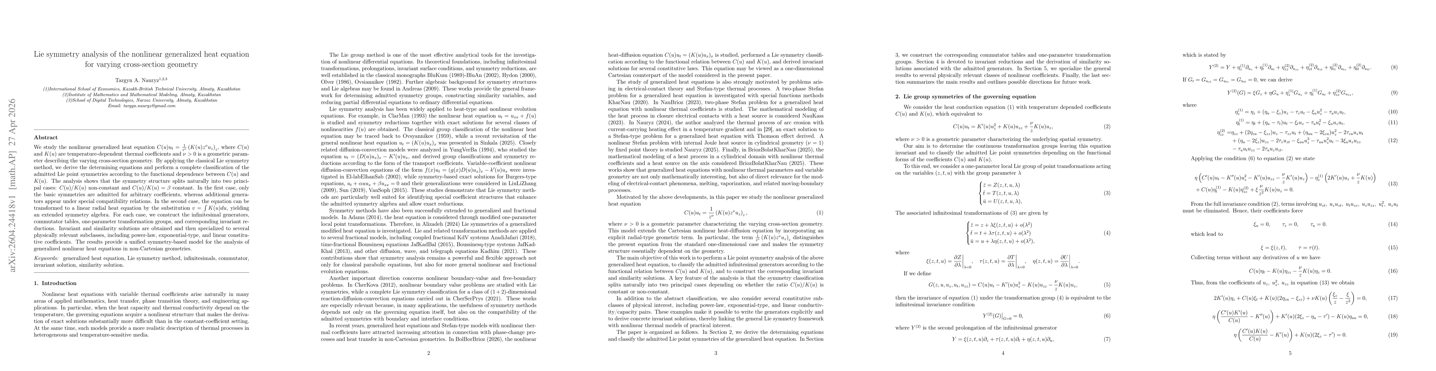 Thumbnail for Lie symmetry analysis of the nonlinear generalized heat equation for varying cross-section geometry