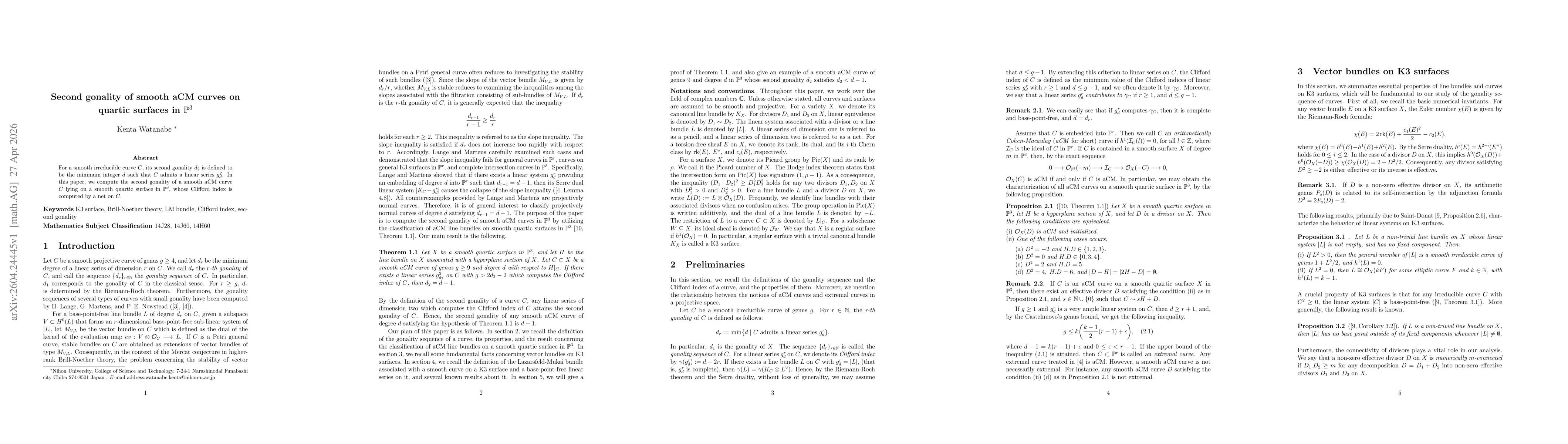 Thumbnail for Second gonality of smooth aCM curves on quartic surfaces in $\mathbb{P}^3$