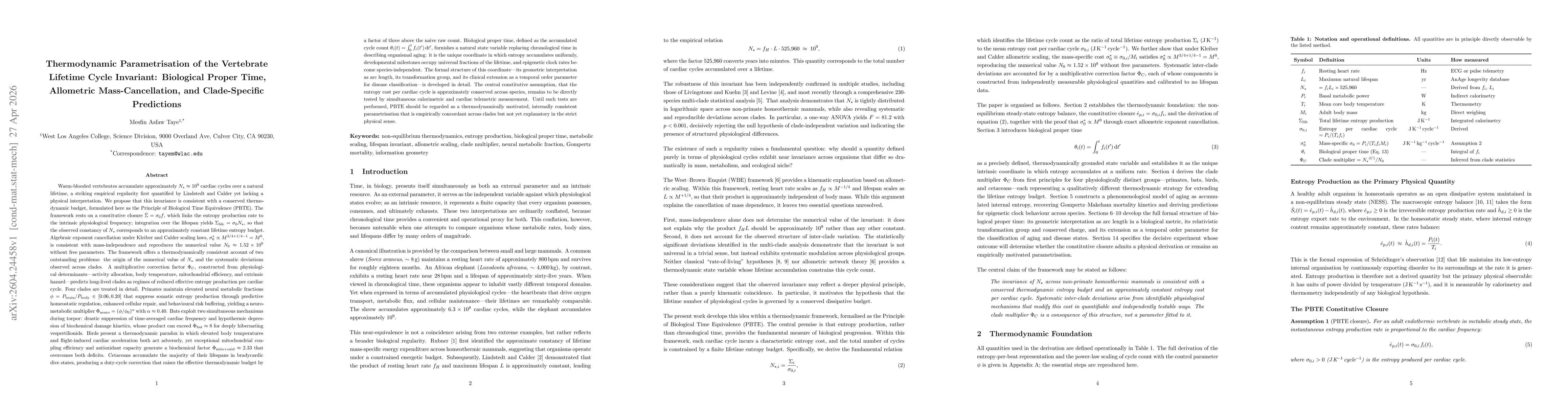 Thumbnail for Thermodynamic Parametrisation of the Vertebrate Lifetime Cycle Invariant: Biological Proper Time, Allometric Mass-Cancellation, and Clade-Specific Predictions