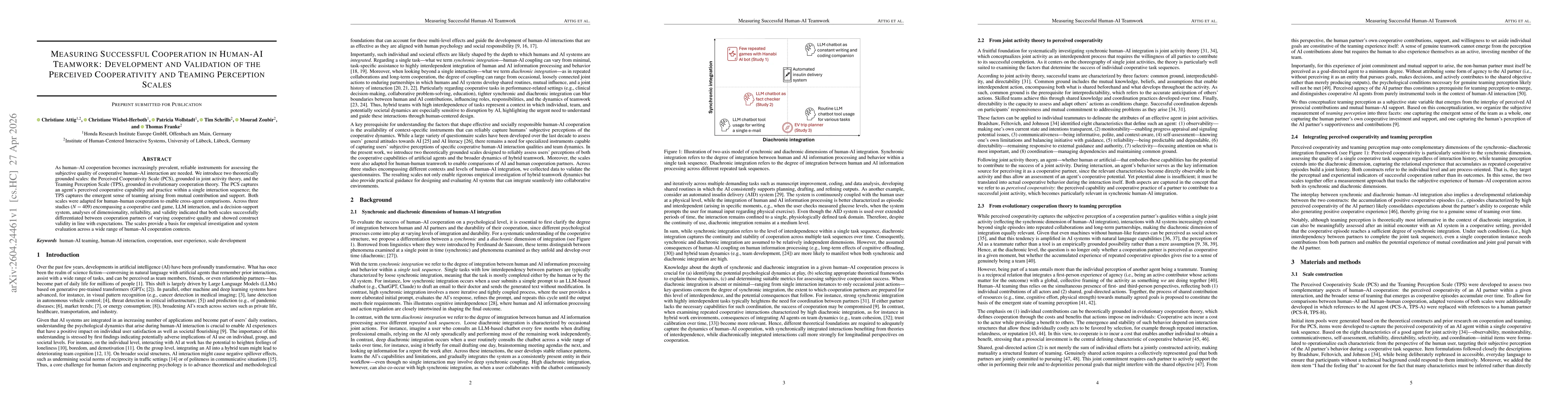 Thumbnail for Measuring Successful Cooperation in Human-AI Teamwork: Development and Validation of the Perceived Cooperativity and Teaming Perception Scales