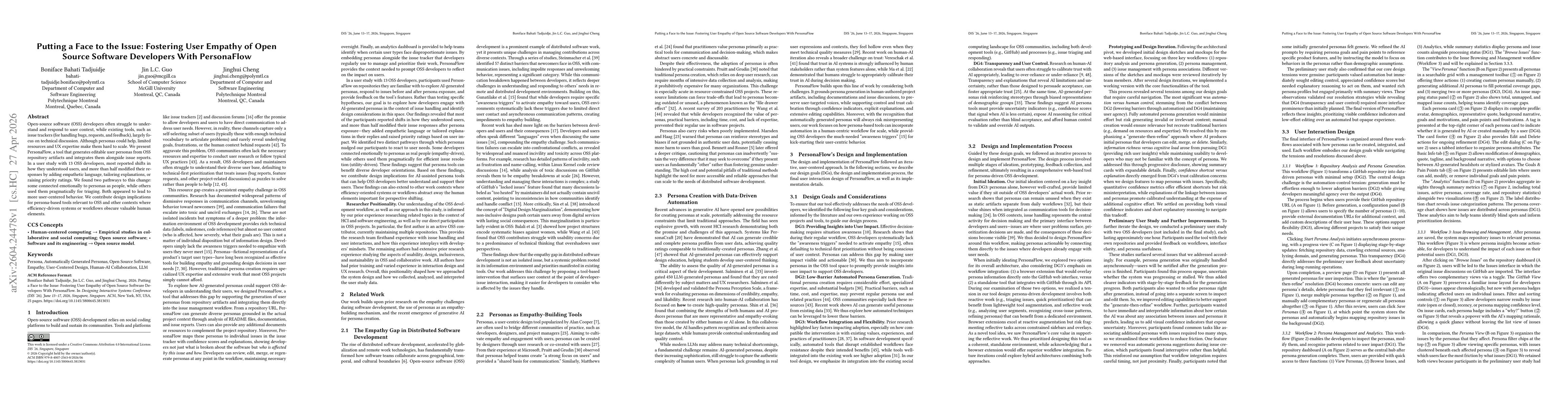 Thumbnail for Putting a Face to the Issue: Fostering User Empathy of Open Source Software Developers With PersonaFlow