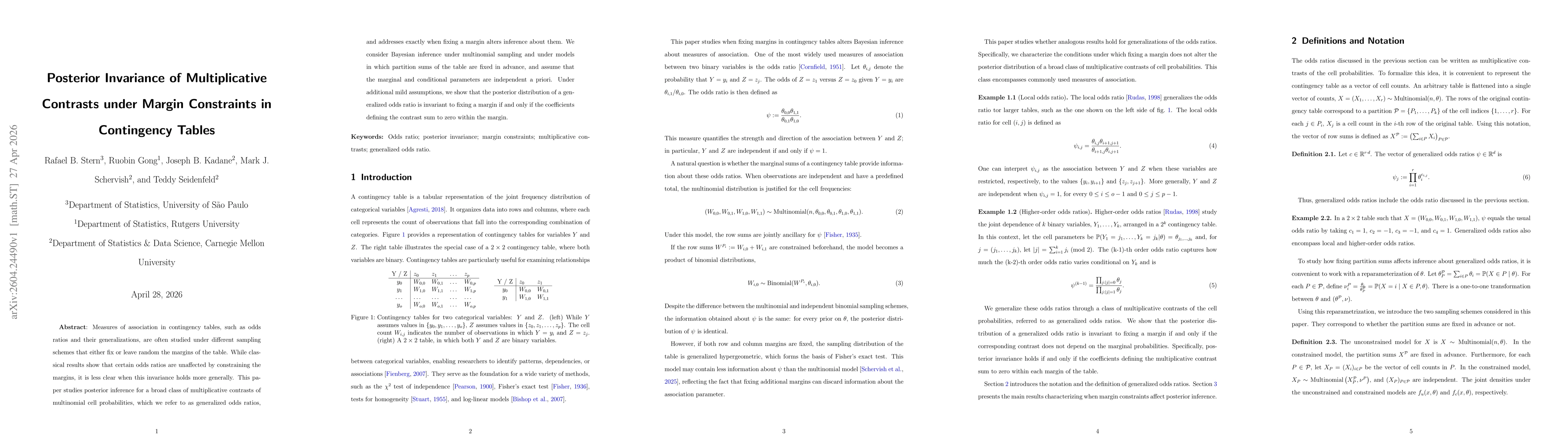 Thumbnail for Posterior Invariance of Multiplicative Contrasts under Margin Constraints in Contingency Tables