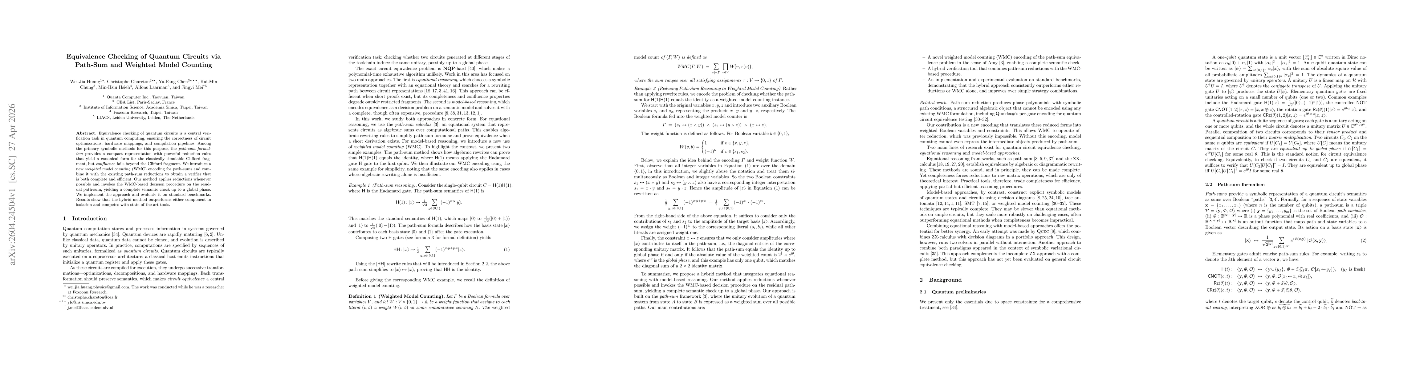 Thumbnail for Equivalence Checking of Quantum Circuits via Path-Sum and Weighted Model Counting