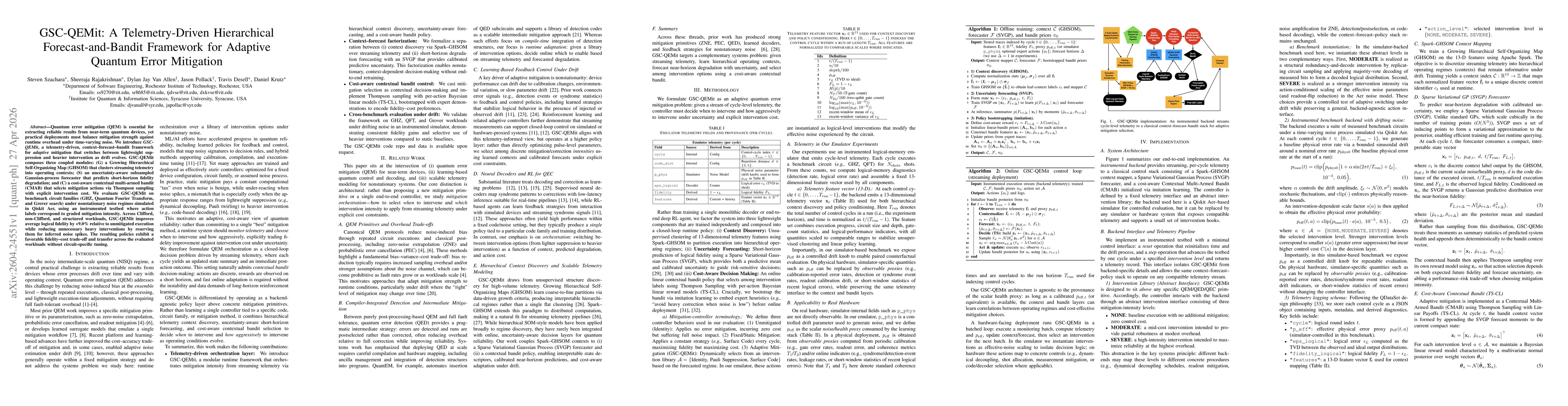 Thumbnail for GSC-QEMit: A Telemetry-Driven Hierarchical Forecast-and-Bandit Framework for Adaptive Quantum Error Mitigation