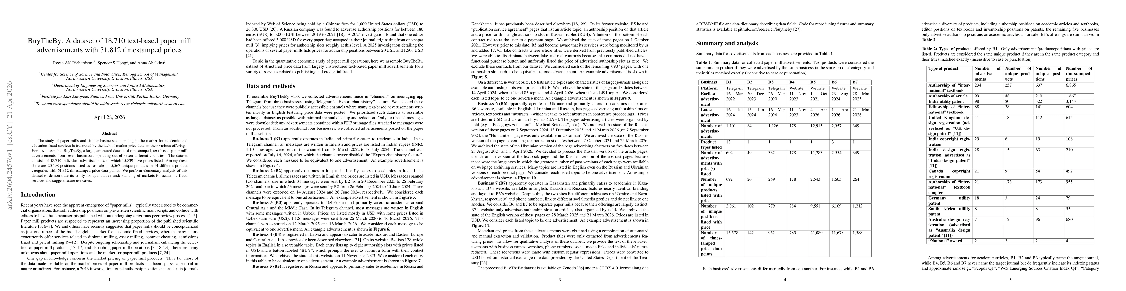 Thumbnail for BuyTheBy: A dataset of 18,710 text-based paper mill advertisements with 51,812 timestamped prices