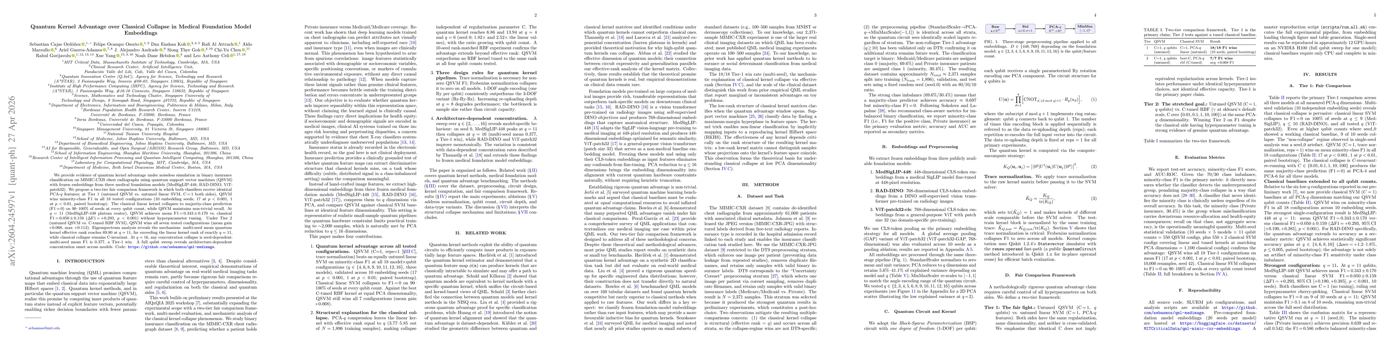 Thumbnail for Quantum Kernel Advantage over Classical Collapse in Medical Foundation Model Embeddings