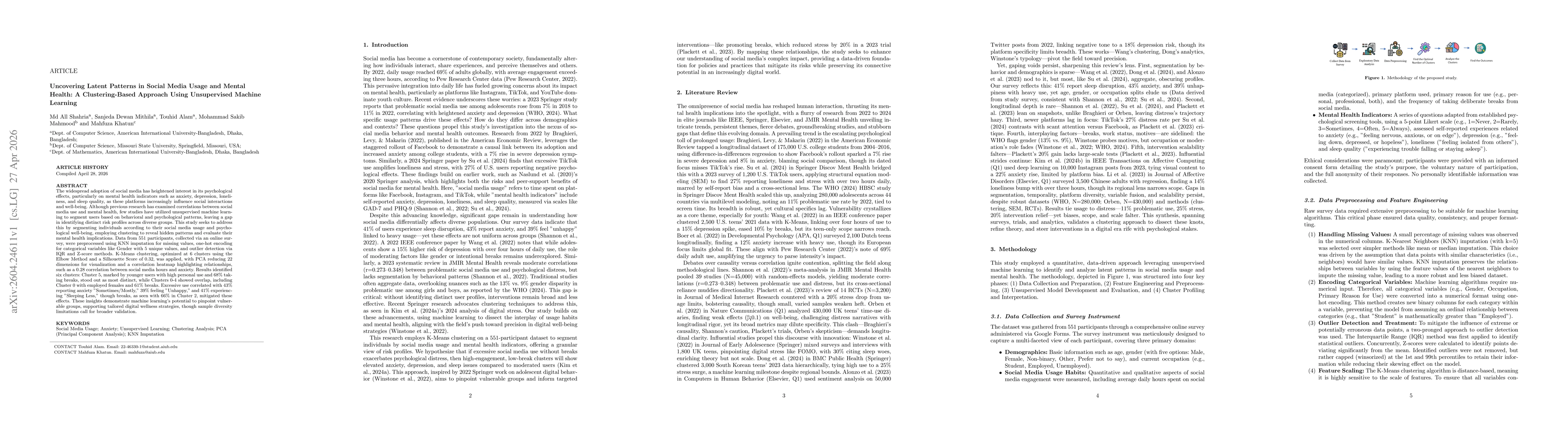 Thumbnail for Uncovering Latent Patterns in Social Media Usage and Mental Health: A Clustering-Based Approach Using Unsupervised Machine Learning