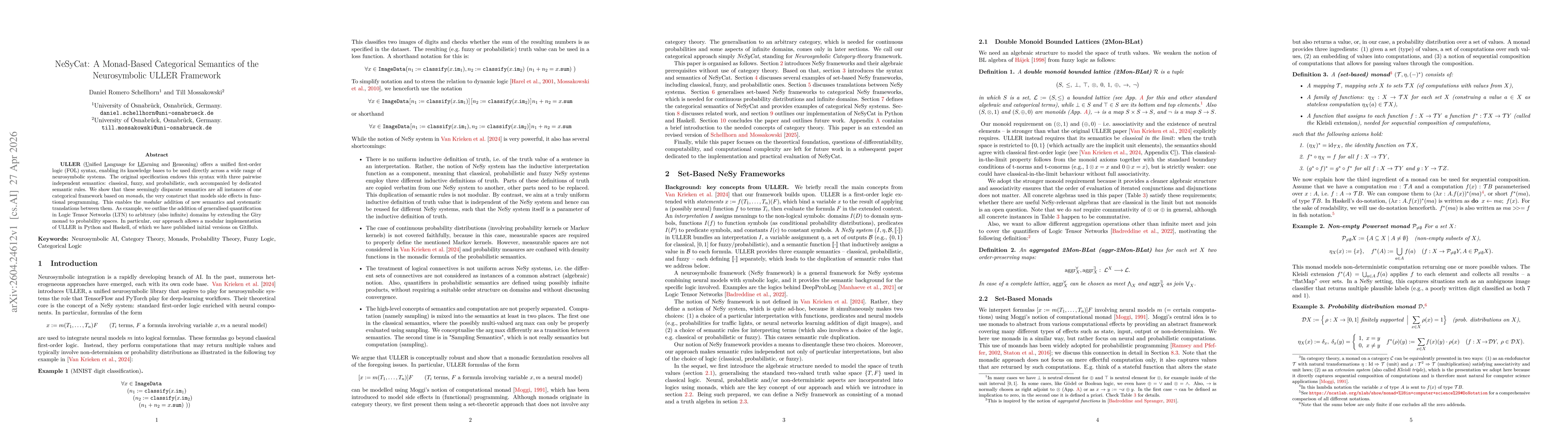 Thumbnail for NeSyCat: A Monad-Based Categorical Semantics of the Neurosymbolic ULLER Framework