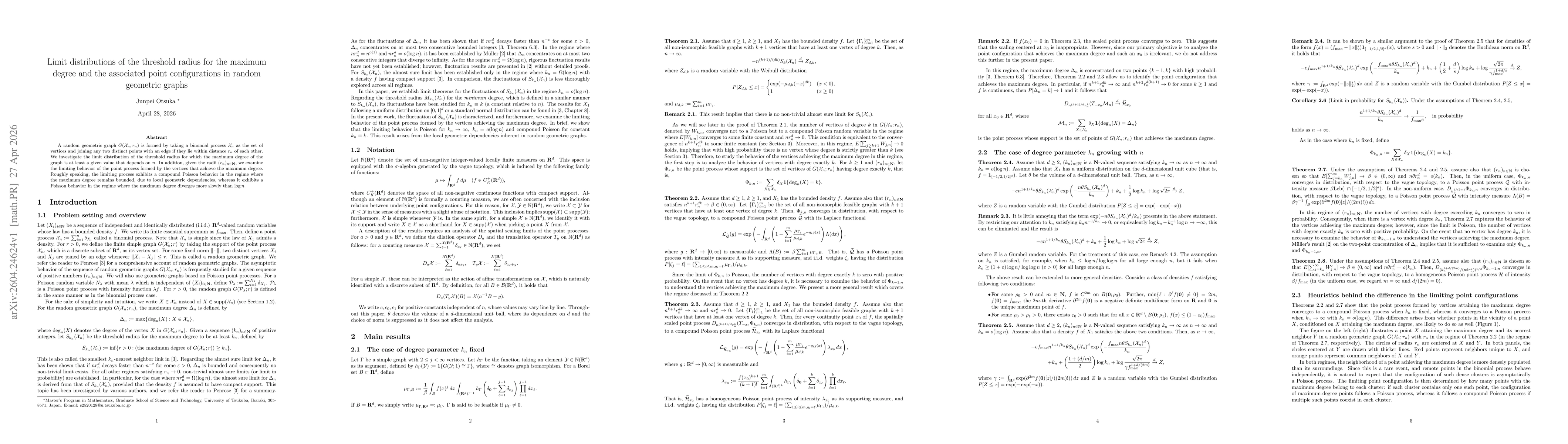 Thumbnail for Limit distributions of the threshold radius for the maximum degree and the associated point configurations in random geometric graphs