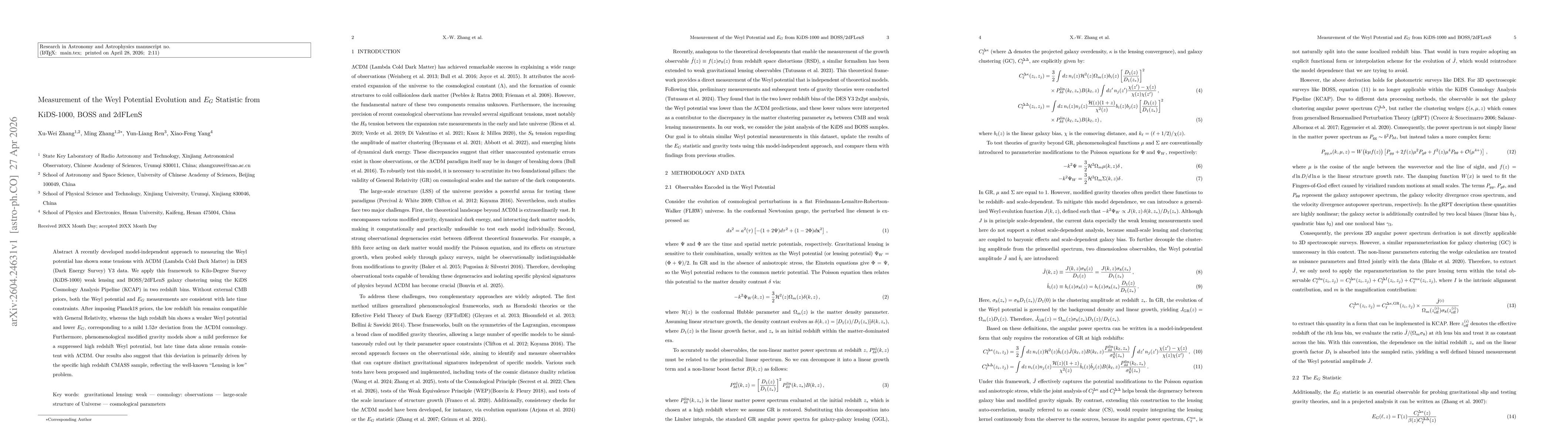 Thumbnail for Measurement of the Weyl Potential Evolution and $E_G$ Statistic from KiDS-1000, BOSS and 2dFLenS