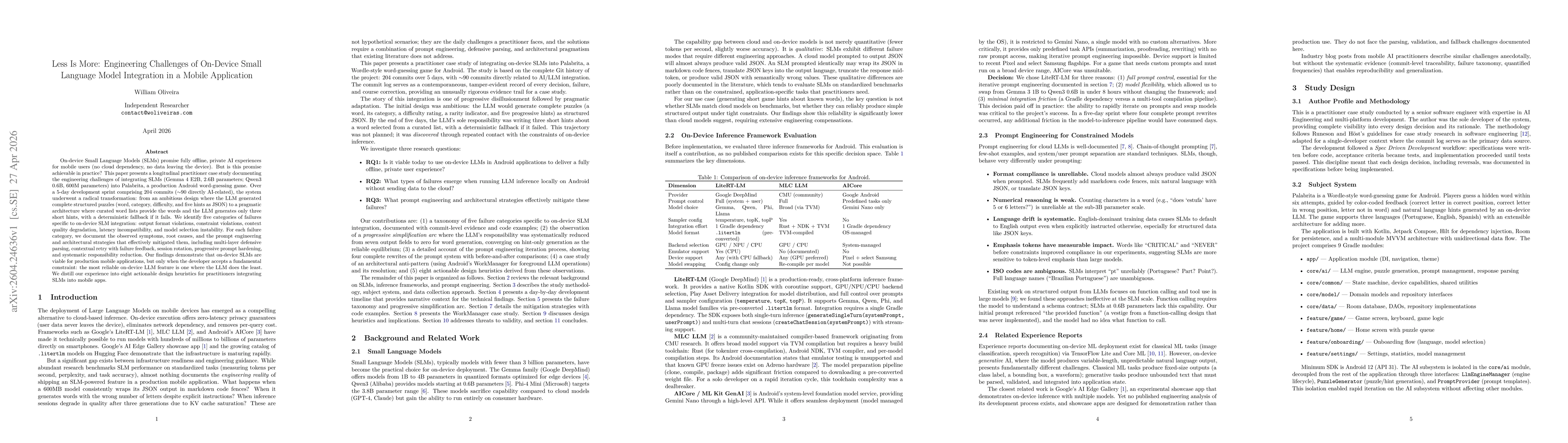 Thumbnail for Less Is More: Engineering Challenges of On-Device Small Language Model Integration in a Mobile Application