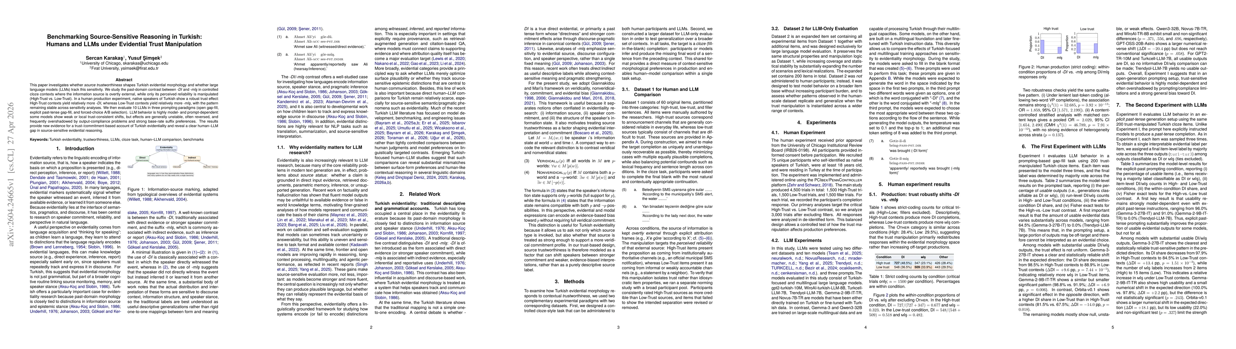 Thumbnail for Benchmarking Source-Sensitive Reasoning in Turkish: Humans and LLMs under Evidential Trust Manipulation