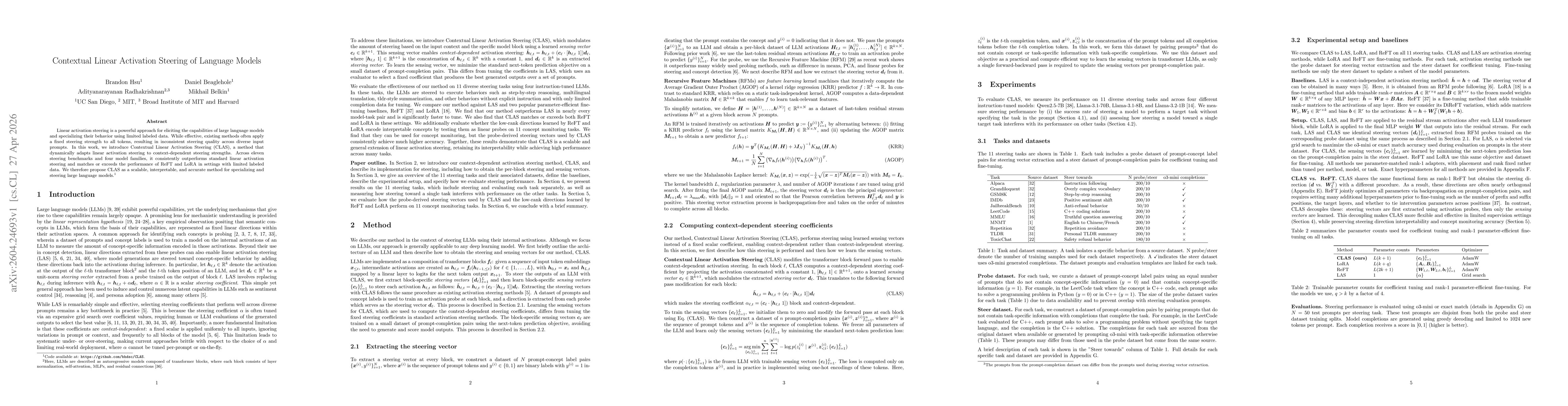 Thumbnail for Contextual Linear Activation Steering of Language Models