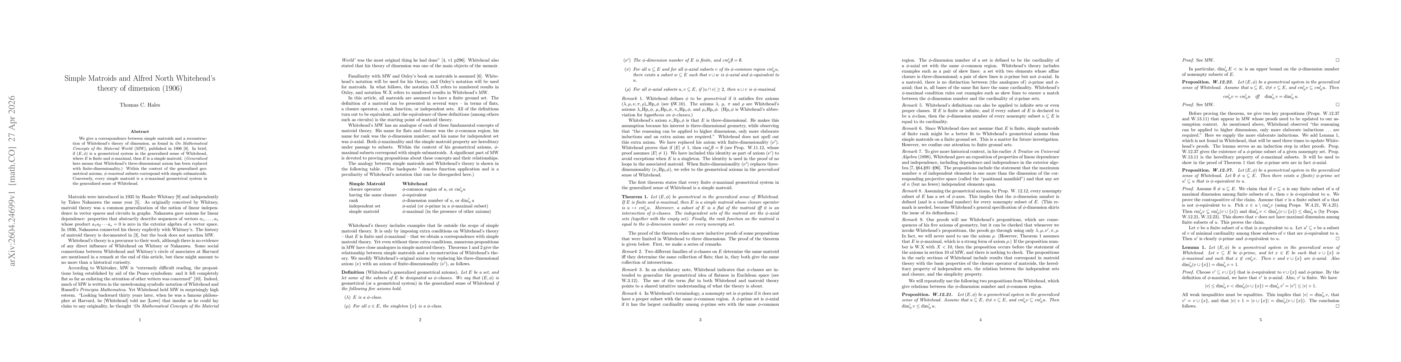 Thumbnail for Simple Matroids and Alfred North Whitehead's theory of dimension (1906)