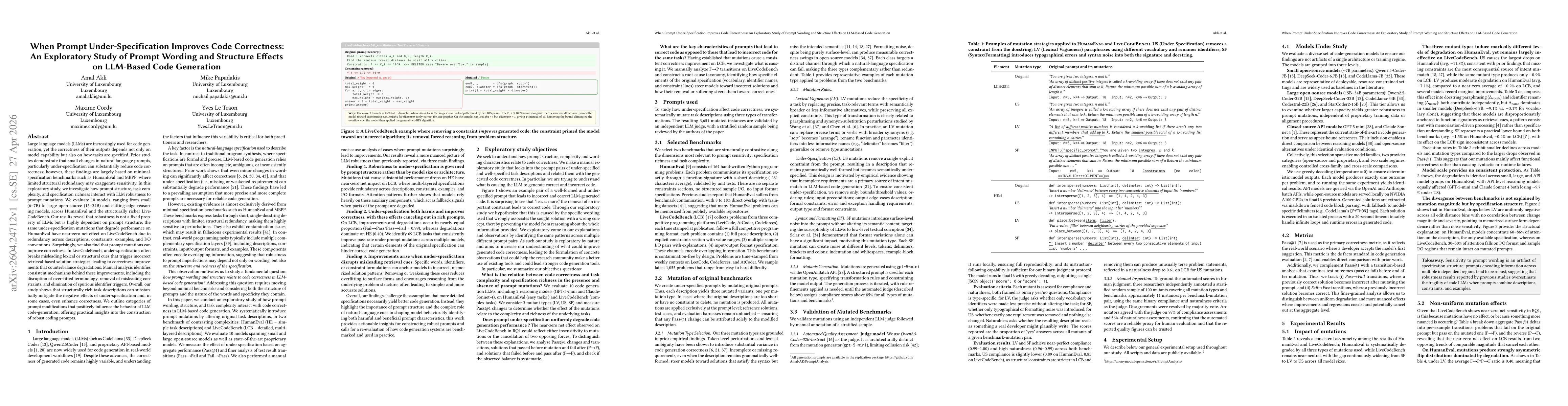 Thumbnail for When Prompt Under-Specification Improves Code Correctness: An Exploratory Study of Prompt Wording and Structure Effects on LLM-Based Code Generation