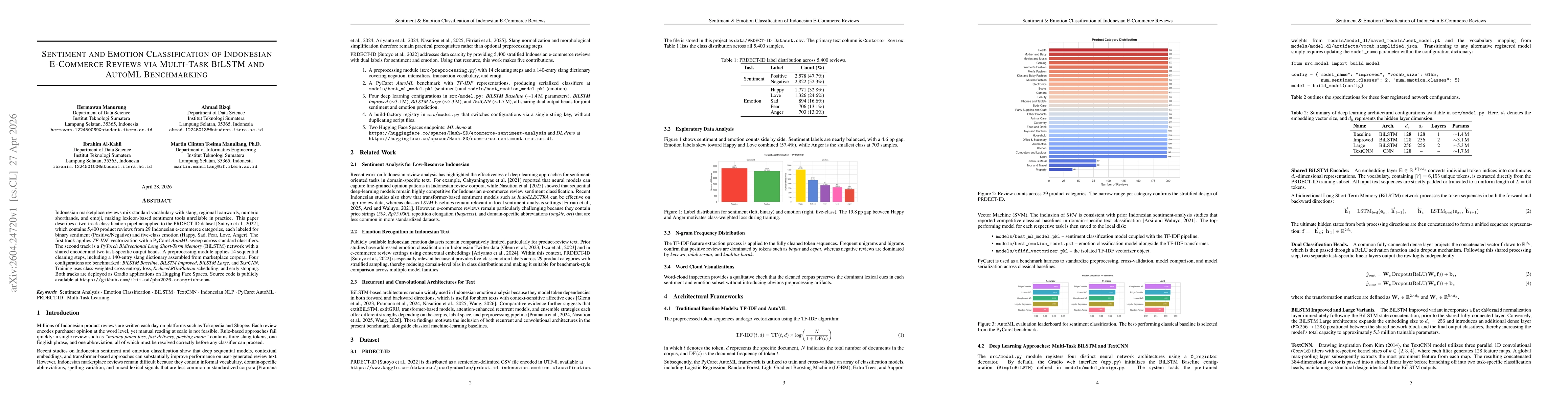 Thumbnail for Sentiment and Emotion Classification of Indonesian E-Commerce Reviews via Multi-Task BiLSTM and AutoML Benchmarking