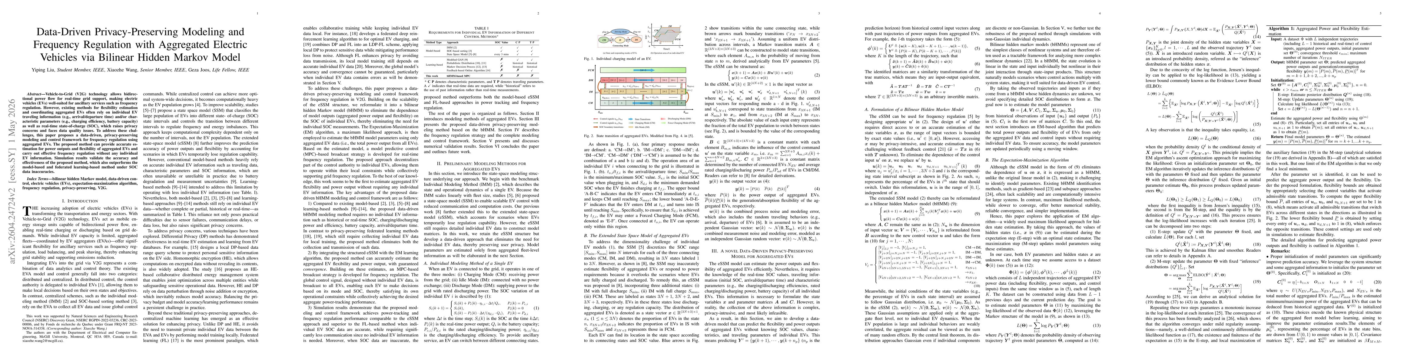 Thumbnail for Data-Driven Privacy-Preserving Modeling and Frequency Regulation with Aggregated Electric Vehicles via Bilinear Hidden Markov Model