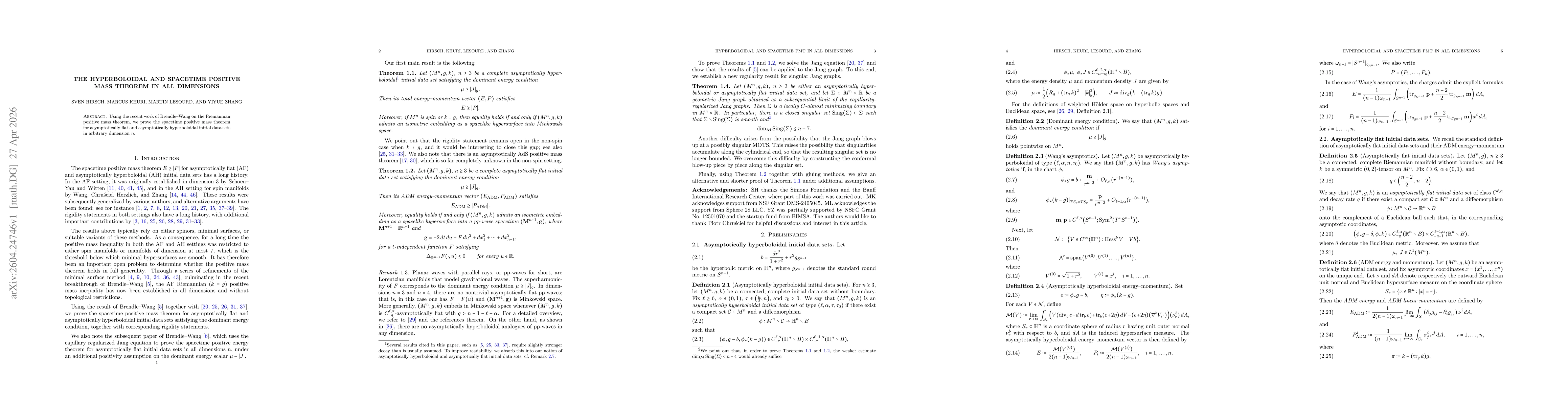Thumbnail for The Hyperboloidal and Spacetime Positive Mass Theorem in All Dimensions