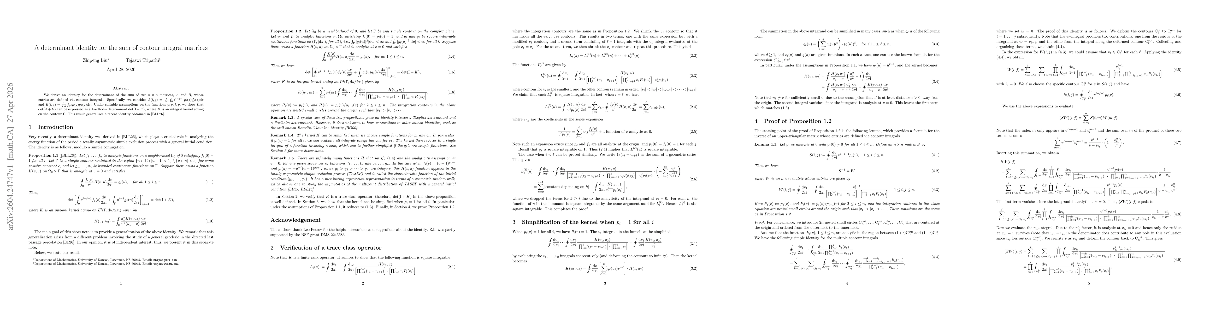Thumbnail for A determinant identity for the sum of contour integral matrices
