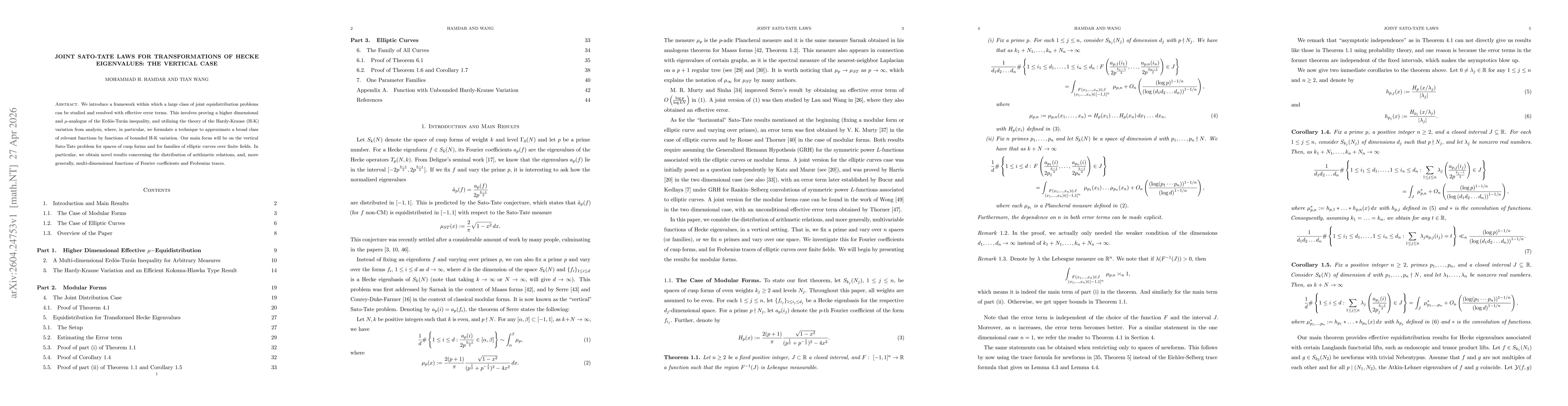 Thumbnail for Joint Sato-Tate Laws for Transformations of Hecke Eigenvalues: The Vertical Case