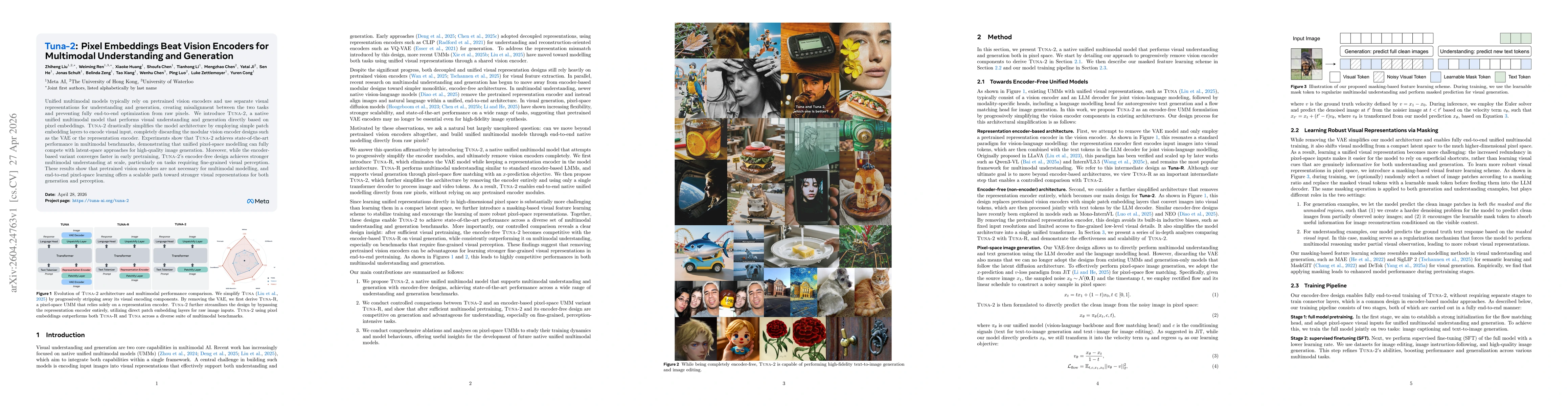 Thumbnail for Tuna-2: Pixel Embeddings Beat Vision Encoders for Multimodal Understanding and Generation