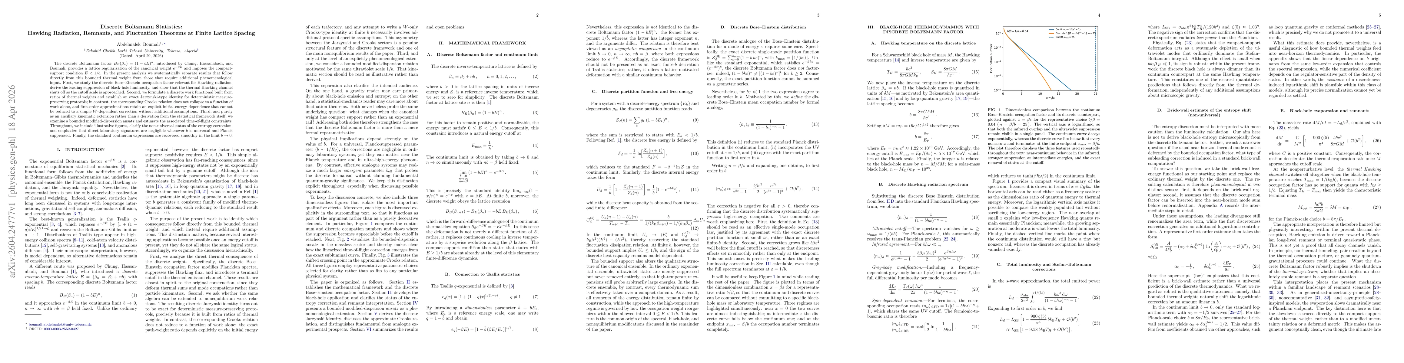 Thumbnail for Discrete Boltzmann Statistics: Hawking Radiation, Remnants, and Fluctuation Theorems at Finite Lattice Spacing