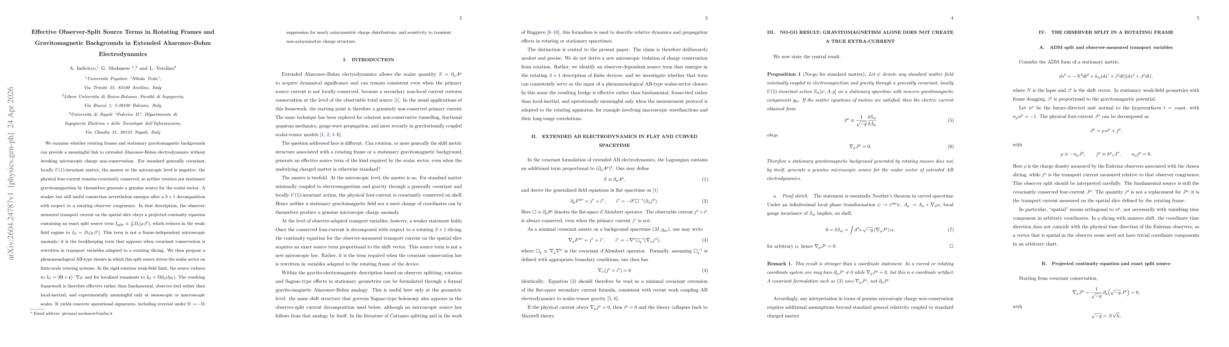Thumbnail for Effective Observer-Split Source Terms in Rotating Frames and Gravitomagnetic Backgrounds in Extended Aharonov-Bohm Electrodynamics
