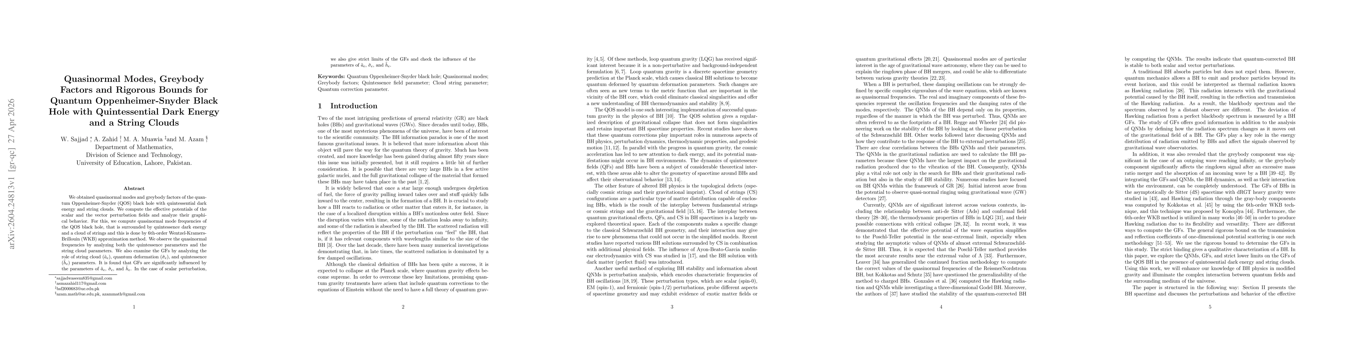 Thumbnail for Quasinormal Modes, Greybody Factors and Rigorous Bounds for Quantum Oppenheimer-Snyder Black Hole with Quintessential Dark Energy and a String Clouds