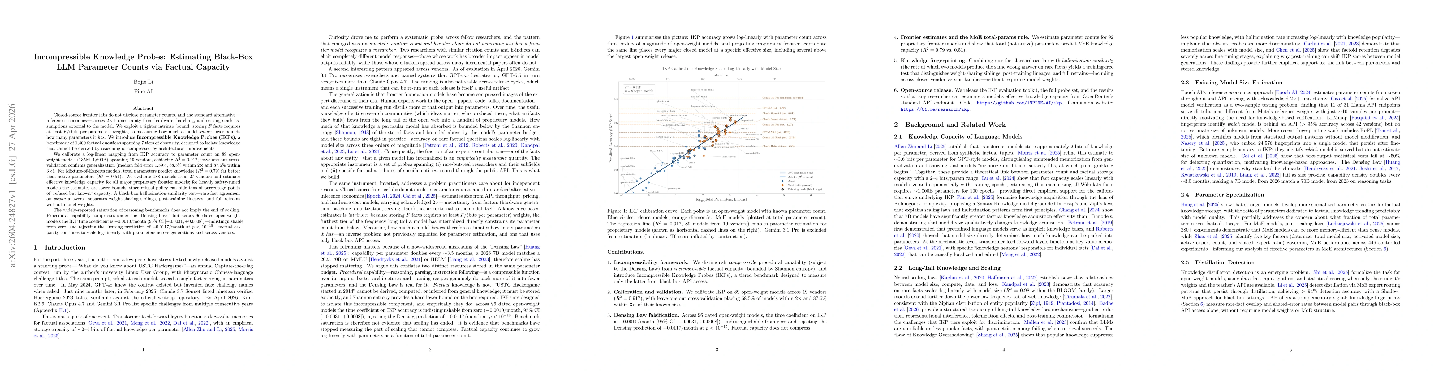 Thumbnail for Incompressible Knowledge Probes: Estimating Black-Box LLM Parameter Counts via Factual Capacity