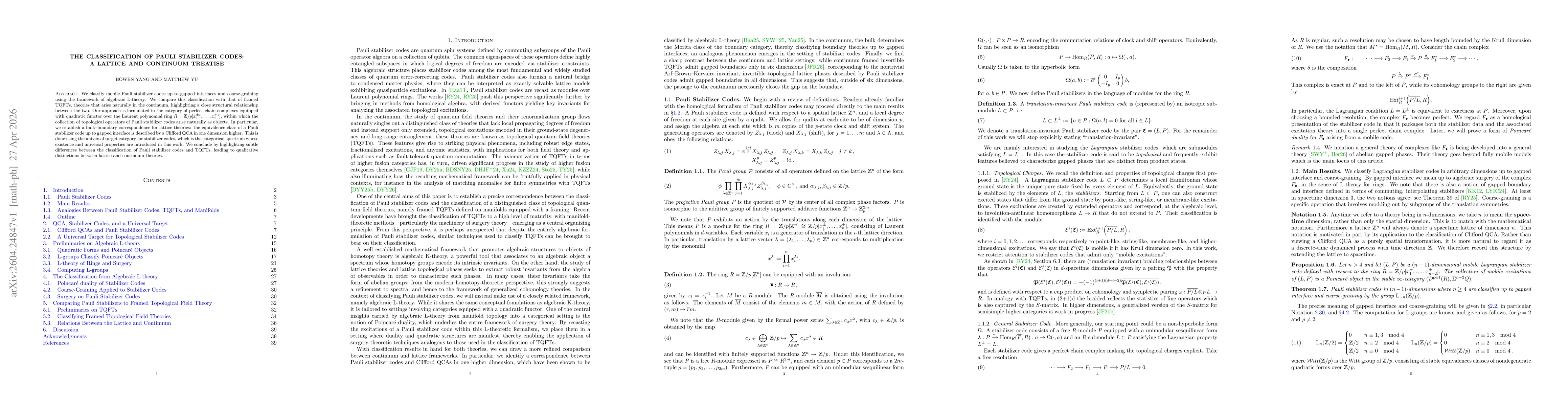 Thumbnail for The Classification of Pauli Stabilizer Codes: A Lattice and Continuum Treatise