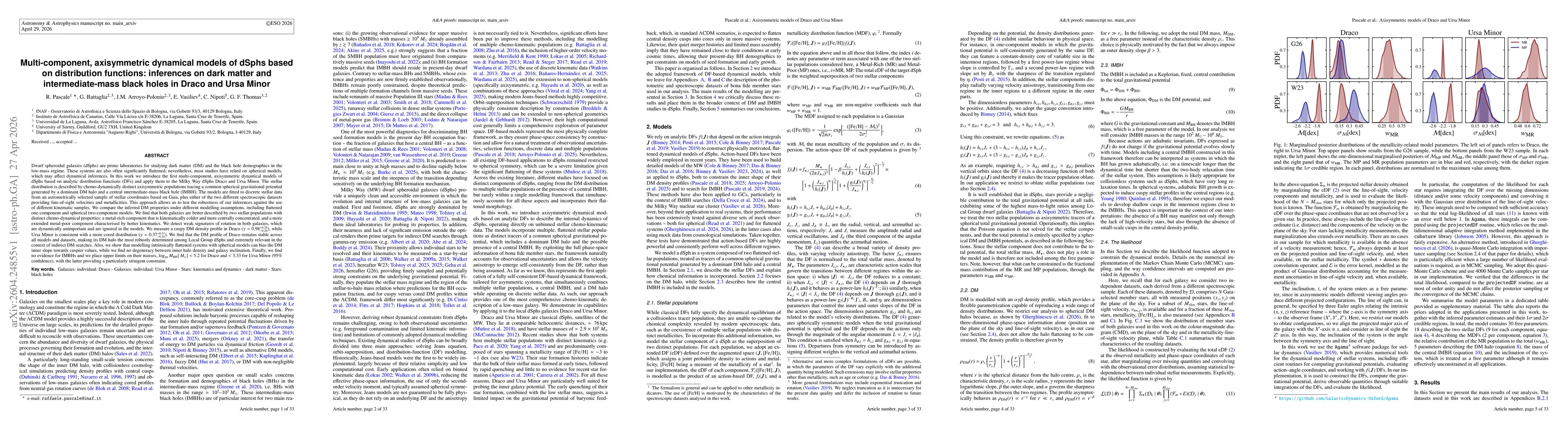 Thumbnail for Multi-component, axisymmetric dynamical models of dSphs based on distribution functions: inferences on dark matter and intermediate-mass black holes in Draco and Ursa Minor