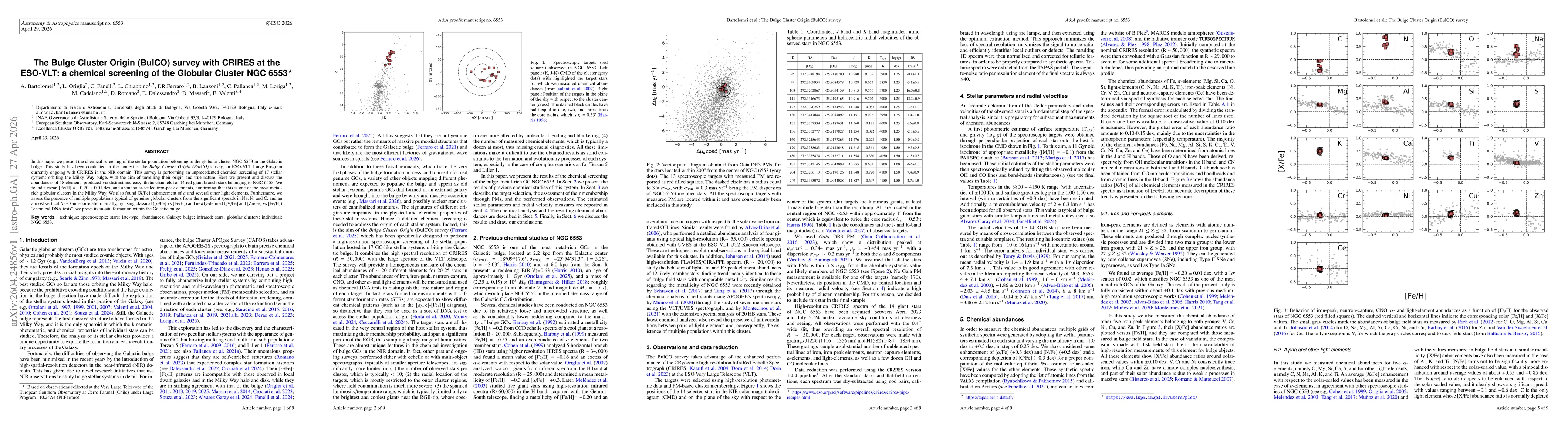 Thumbnail for The Bulge Cluster Origin (BulCO) survey with CRIRES at the ESO-VLT: a chemical screening of the Globular Cluster NGC 6553