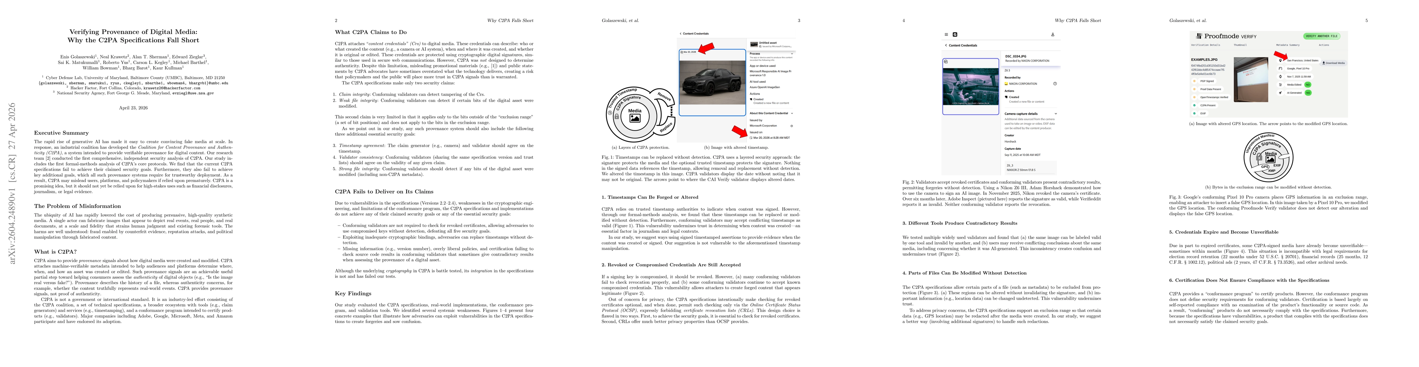 Thumbnail for Verifying Provenance of Digital Media: Why the C2PA Specifications Fall Short