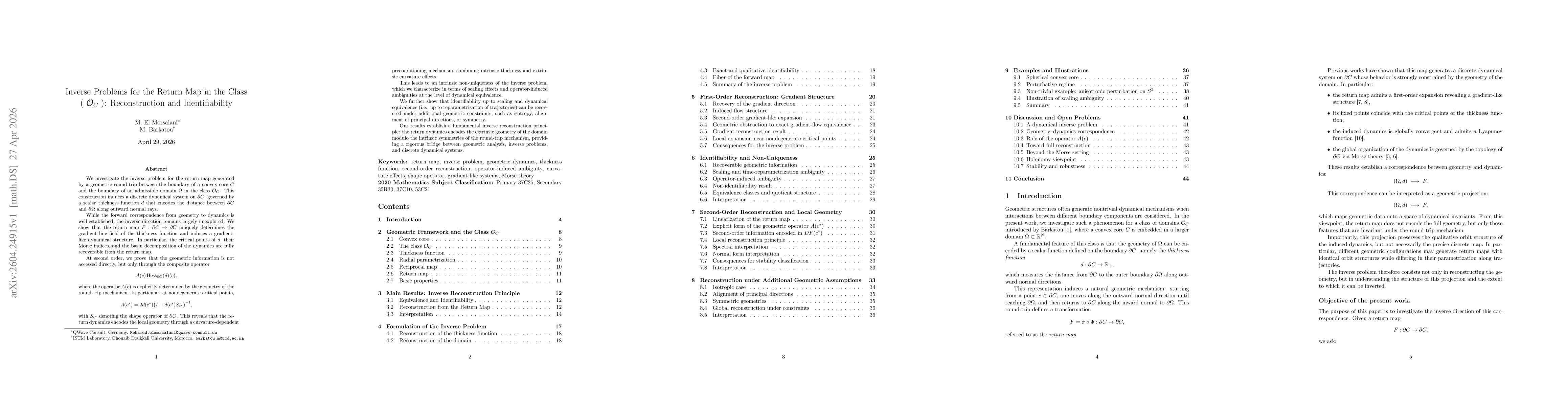 Thumbnail for Inverse Problems for the Return Map in the Class ( $\mathcal{O}_C$ ): Reconstruction and Identifiability