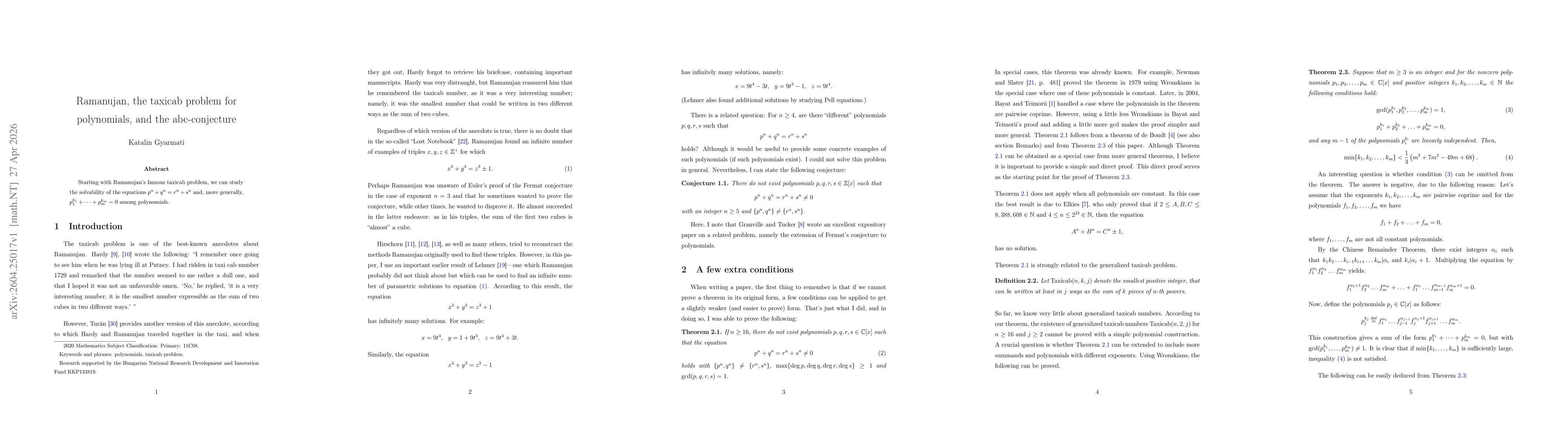 Thumbnail for Ramanujan, the taxicab problem for polynomials, and the abc-conjecture