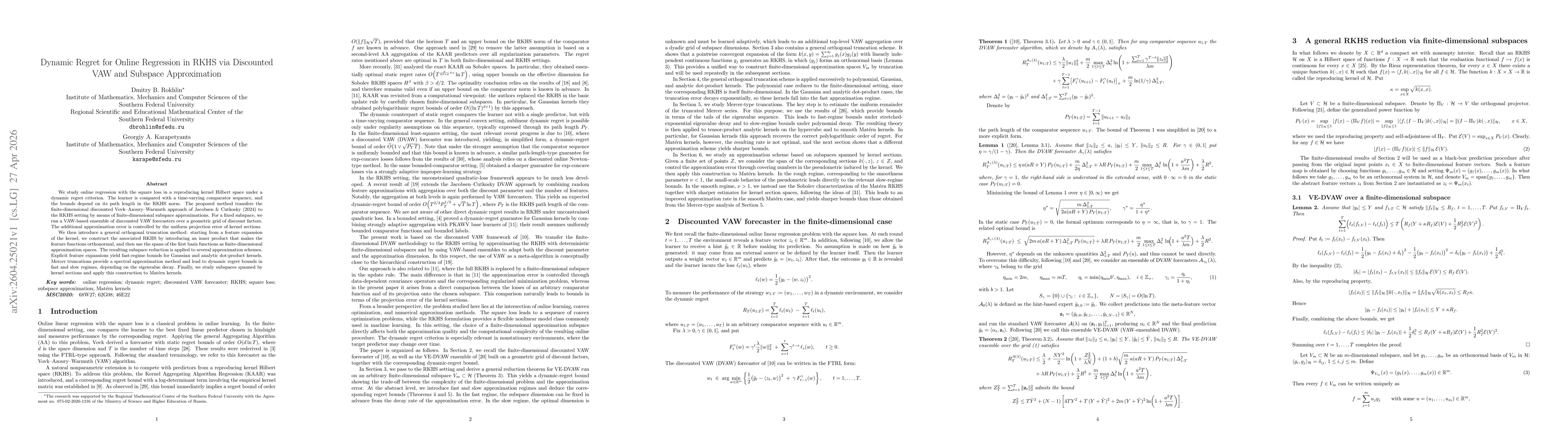Thumbnail for Dynamic Regret for Online Regression in RKHS via Discounted VAW and Subspace Approximation