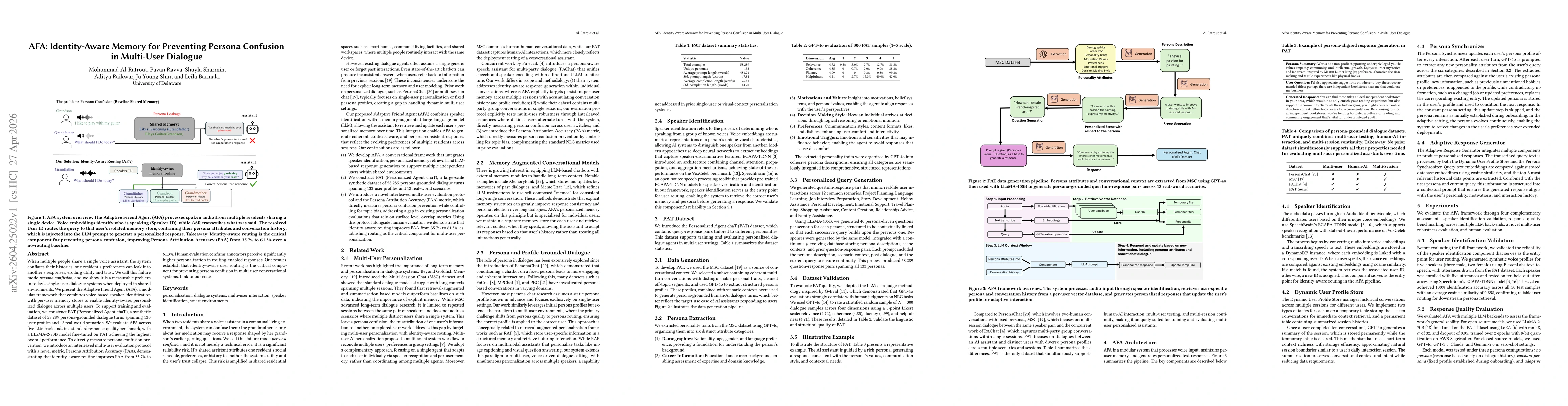 Thumbnail for AFA: Identity-Aware Memory for Preventing Persona Confusion in Multi-User Dialogue