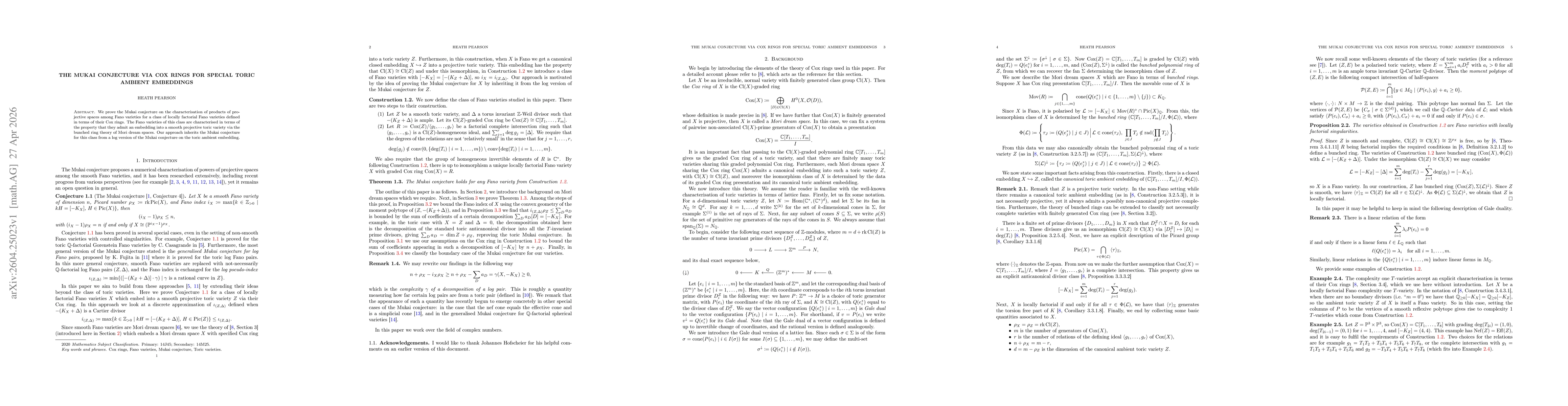 Thumbnail for The Mukai conjecture via Cox rings for special toric ambient embeddings