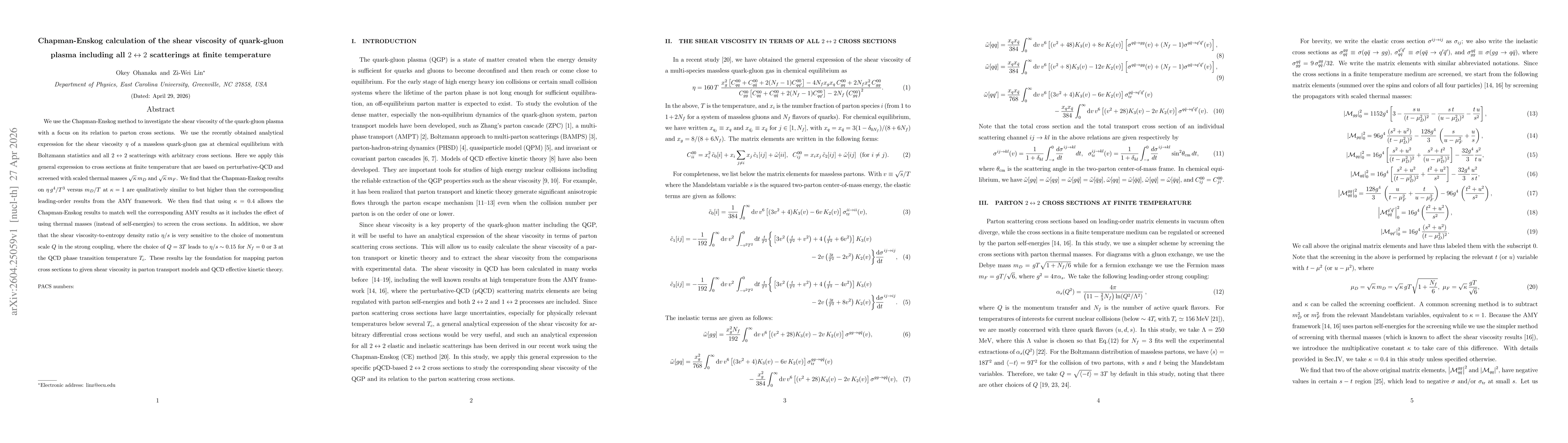 Thumbnail for Chapman-Enskog calculation of the shear viscosity of quark-gluon plasma including all $2\leftrightarrow 2$ scatterings at finite temperature